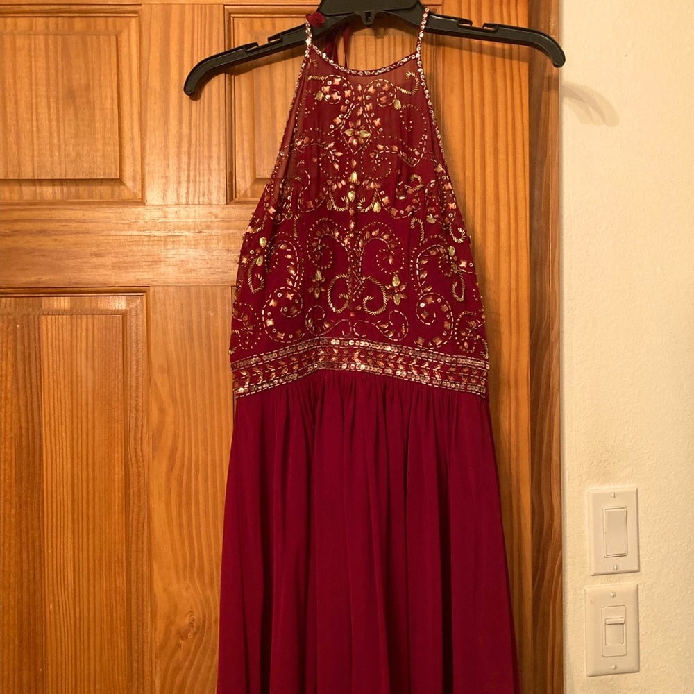 Floor length deep red prom dress